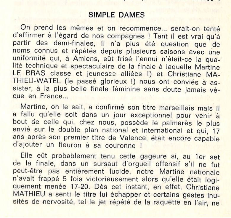 1968 — « la plus belle finale féminine » (France Tennis de Table n°226) 1968 — « la plus belle finale féminine » (France Tennis de Table n°226)