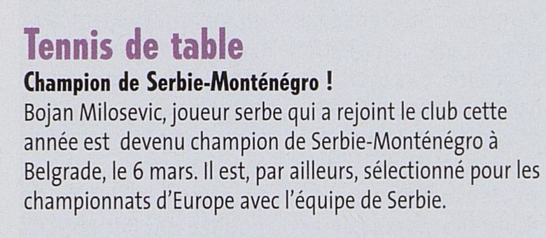 2005 — Bojan Milosevic, champion de Serbie-Monténégro (Bulletin municipal)