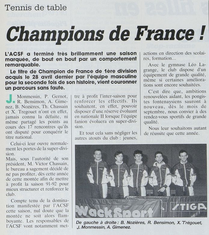 1991 — l'équipe Messieurs championne de France (Bulletin municipal)