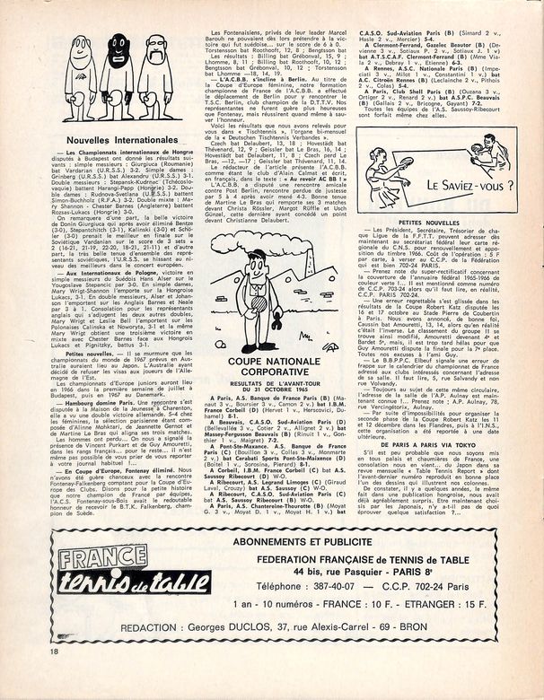 1965 — face au B.T.K. Falkenberg, champion de Suède (France Tennis de Table n°205) 1965 — face au B.T.K. Falkenberg, champion de Suède (France Tennis de Table n°205)
