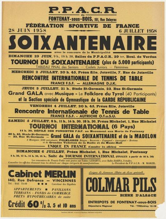 Affiche du Soixantenaire de la Fédération Sportive de France organisé par le P.P.A.C.R. en 1958 Affiche du Soixantenaire de la Fédération Sportive de France organisé par le P.P.A.C.R. en 1958