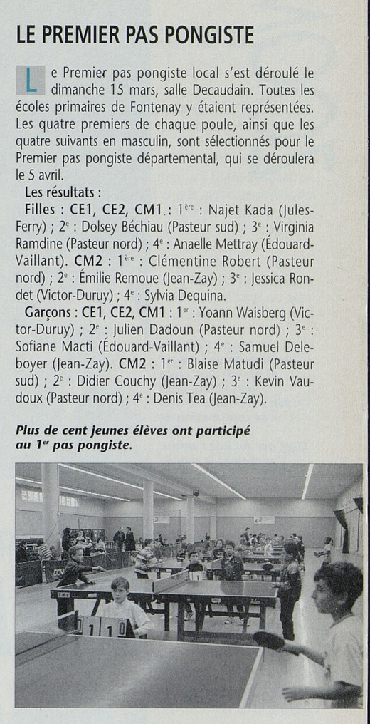 15 mars 1998 — podium du Premier Pas Pongiste à Fontenay, Blaise Matuidi 1er en CM2 garçons