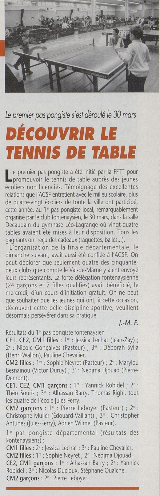 2002 — 3e du Premier Pas Pongiste départemental CE2-CM1 (Bulletin municipal) 2002 — 3e du Premier Pas Pongiste départemental CE2-CM1 (Bulletin municipal)