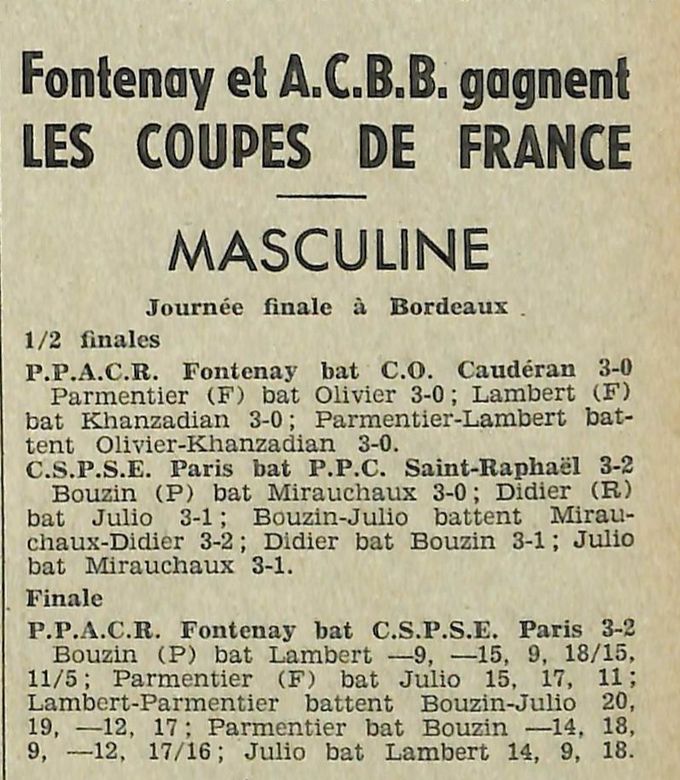 1957 — Vainqueur de la Coupe de France, Parmentier et Lambert battent le C.S.P.S.E. Paris 1957 — Vainqueur de la Coupe de France, Parmentier et Lambert battent le C.S.P.S.E. Paris